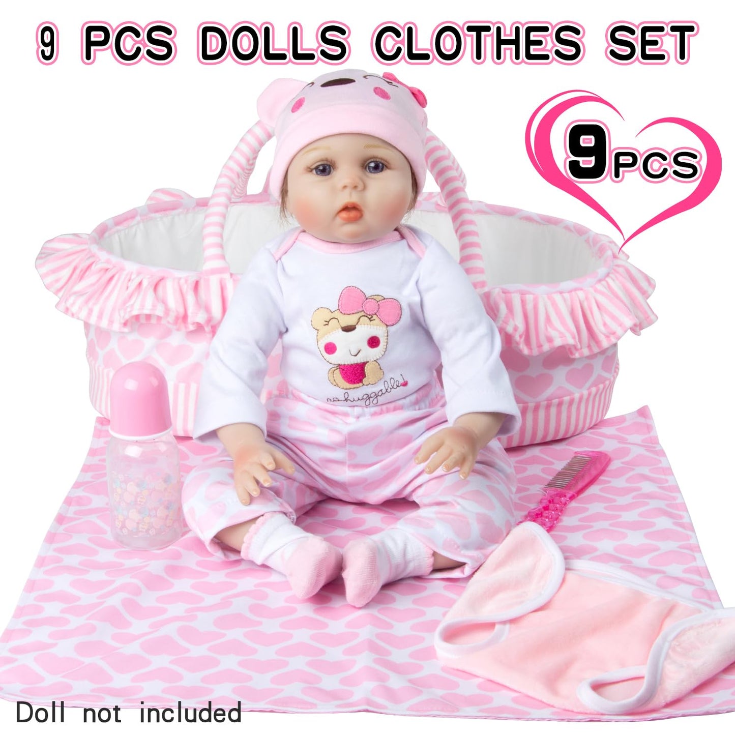 9 PCS Reborn Baby Doll Clothes Set with Pink Bassinet Accessories for 18-22 Inch Reborn Dolls,Newborn Baby Doll Clothes & Blanket