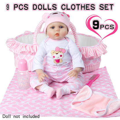 9 PCS Reborn Baby Doll Clothes Set with Pink Bassinet Accessories for 18-22 Inch Reborn Dolls,Newborn Baby Doll Clothes & Blanket
