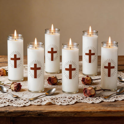 Trxvxo 6 Pack White Prayer Candles, Devotional Candles in Safe Blown Glass Jars with Cross, Long‑Burning Smokeless Catholic Candles for Vigil, Church & Memorials