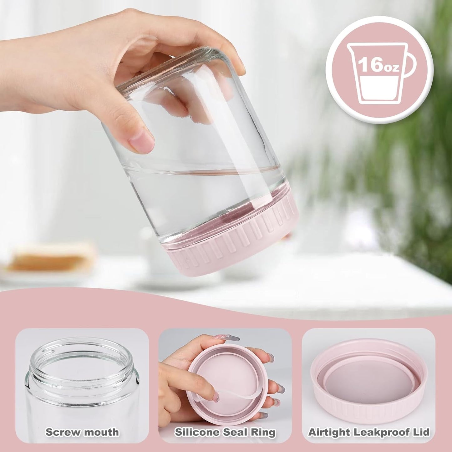 16oz 8 SHOWIN Overnight Oats Containers with Lids, Glass Jars with Lids pcs, Pink, Wide Mouth Mason jars for Salad
