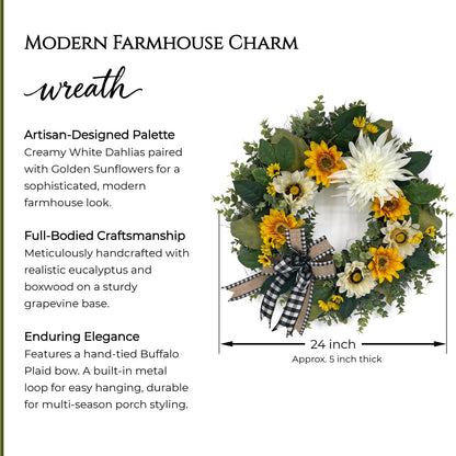 CYANBLOOM 24 Inch Summer Front Door Wreath – Modern Farmhouse Cream White & Yellow Sunflower Dahlia Wreath with Buffalo Plaid Bow, Outdoor Porch Wall Decor All Season, Housewarming Wedding Gift