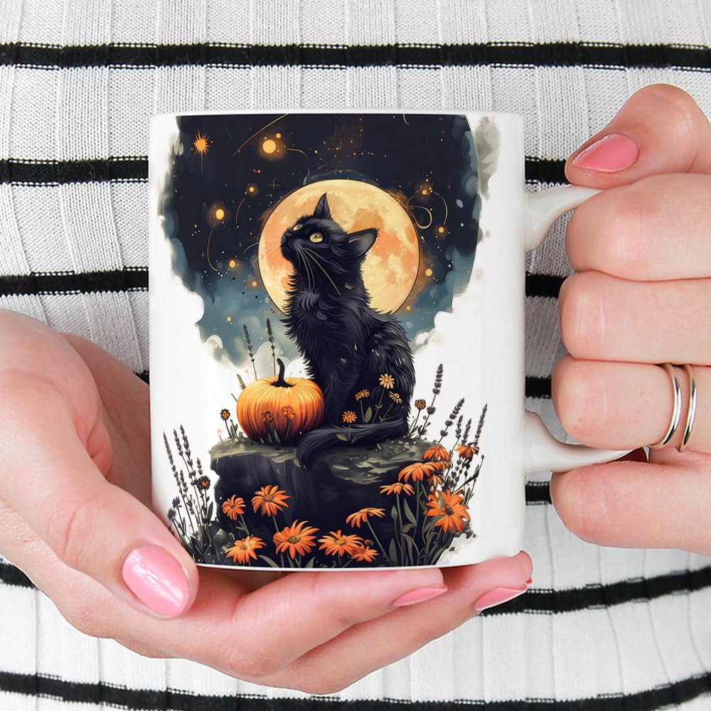 Mystical Black Cat Full Moon Coffee Mug, Witchy Halloween Cup, Spooky Fall Aesthetic, 11oz