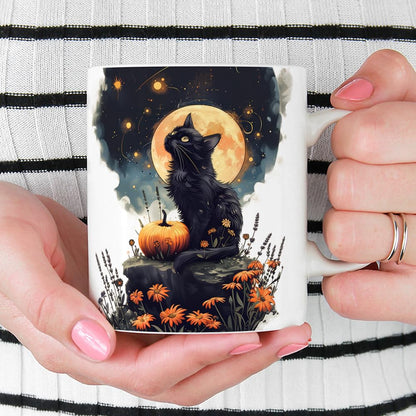Mystical Black Cat Full Moon Coffee Mug, Witchy Halloween Cup, Spooky Fall Aesthetic, 11oz