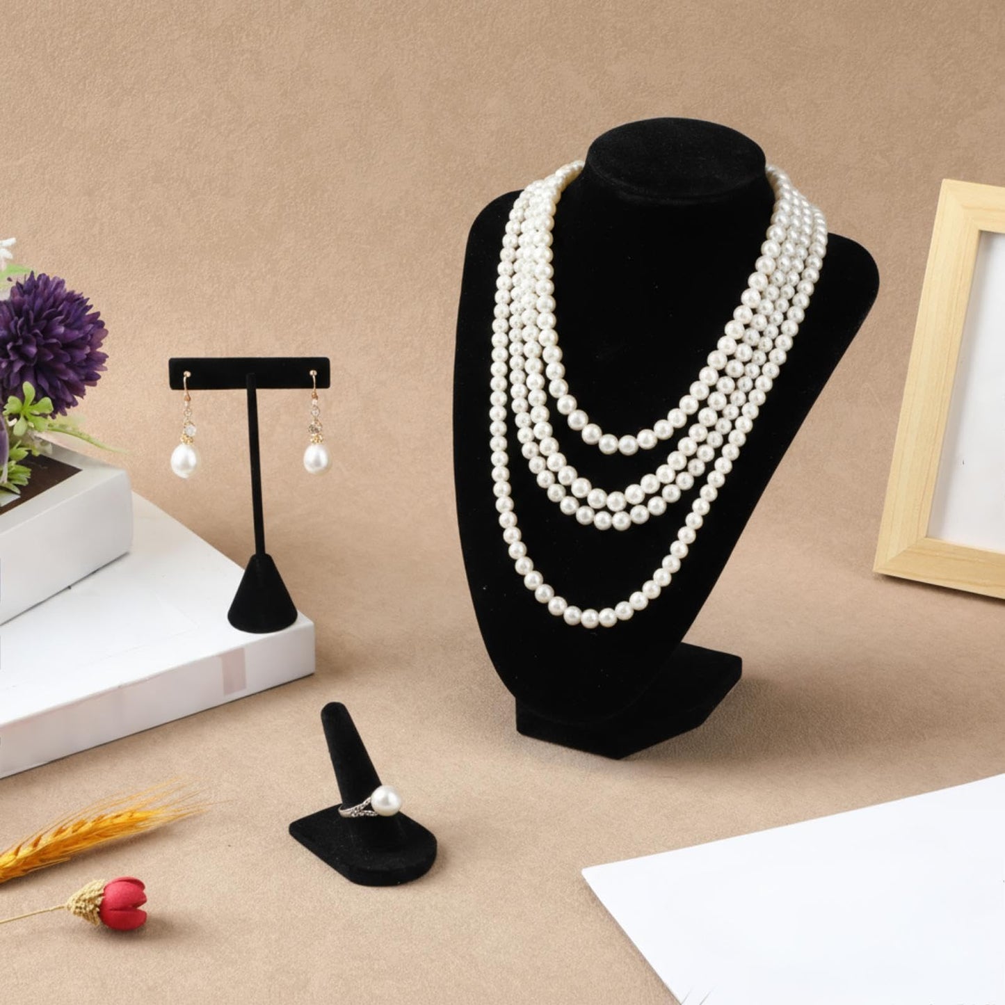 Wenqik 3 Pcs Velvet Jewelry Display Set Velvet Necklace Bust Holder T Shape Earring Stand Ring Finger Jewelry Holder, Black