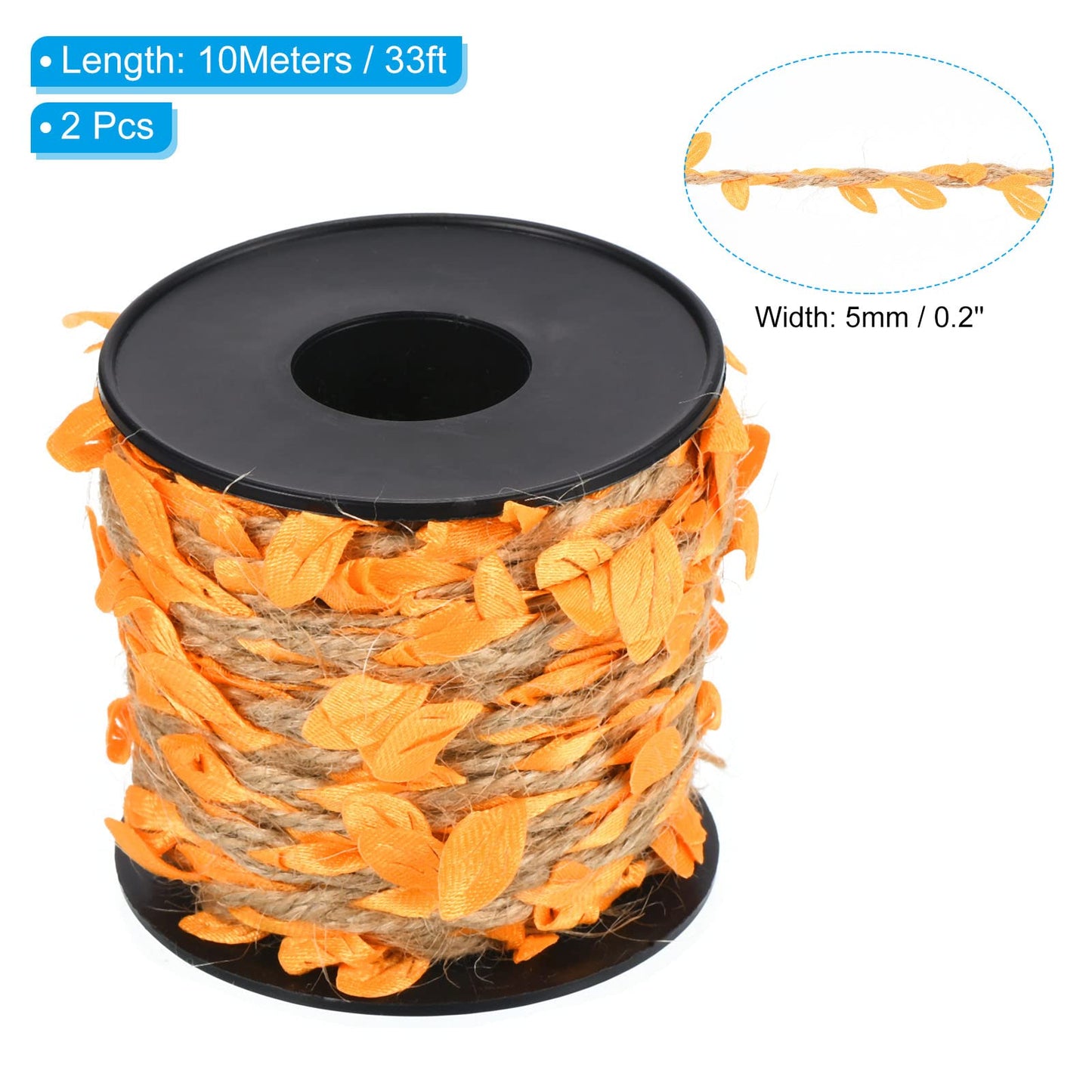 PATIKIL 33ft 5mm Burlap Leaf Ribbon, 2 Roll Braided Decoration Vine Natural Jute Rope Twine with Artificial Leaves for Jungle Wedding Party Home Garden Decor, Orange