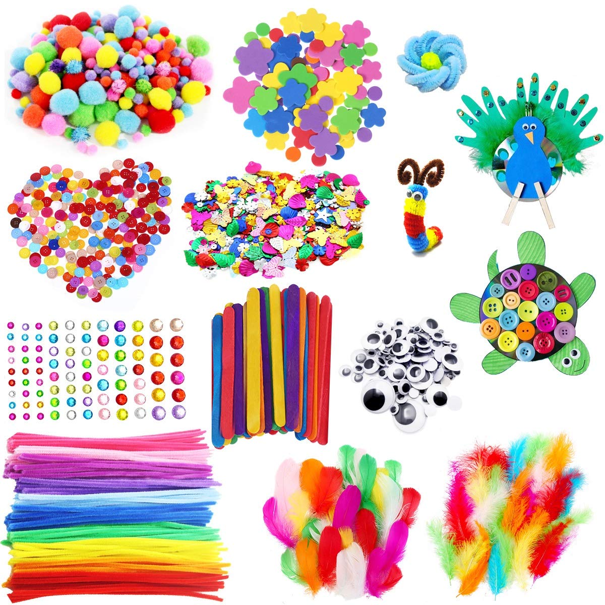 CH HAICHENG Arts and Crafts Supplies Including Feathers, Pipe Cleaners, Wiggle Googly Eyes, Pom Poms, Buttons, Ice Cream Sticks, Sequins and So On Supplies Crafts