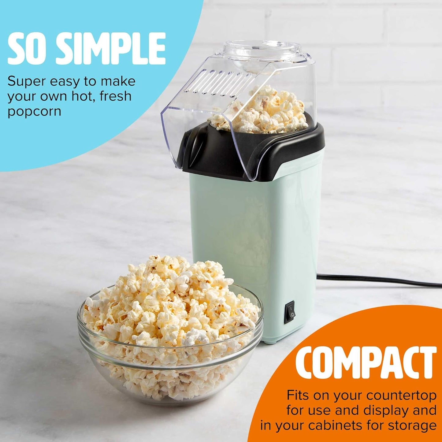 Tasty Hot Air Popcorn Popper, Healthy Popcorn in Minutes, Fast and Easy, Built-In Measuring Cup and Butter Warmer, 8