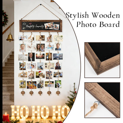 HPZIHYNAP Wooden Photo Board - Hanging Board for Pictures with Clips & Chalkboard, Wall Picture Frame Collage for Home Decor (30 Clips Included)