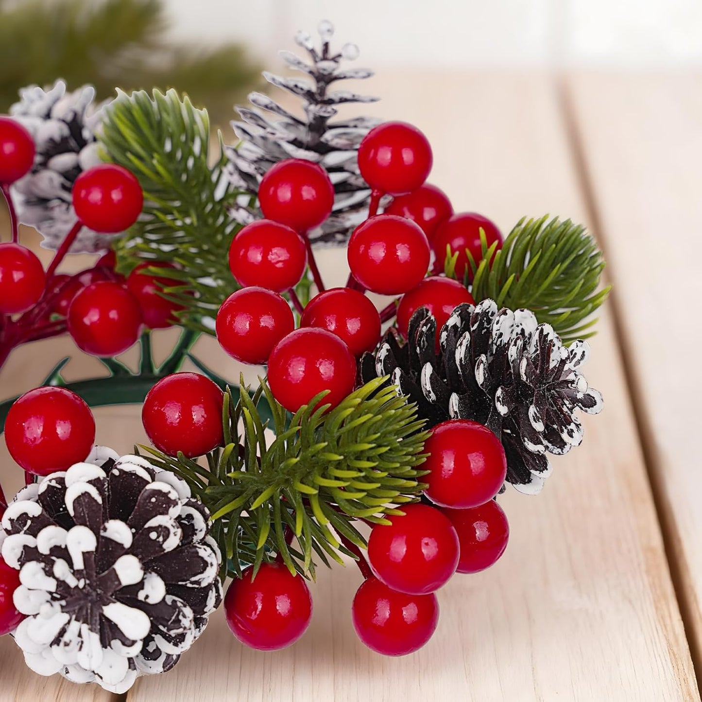 Skiennix Christmas Candle Rings - 6Pcs Artificial Pine Cones & Red Berries for Pillar Holders | Festive Table Centerpiece