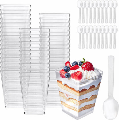 Uxaoxao 50 Pack 5oz Dessert Cups with Spoons, Plastic Yogurt Parfait Cups, Mini Square Dessert Cups with Spoons