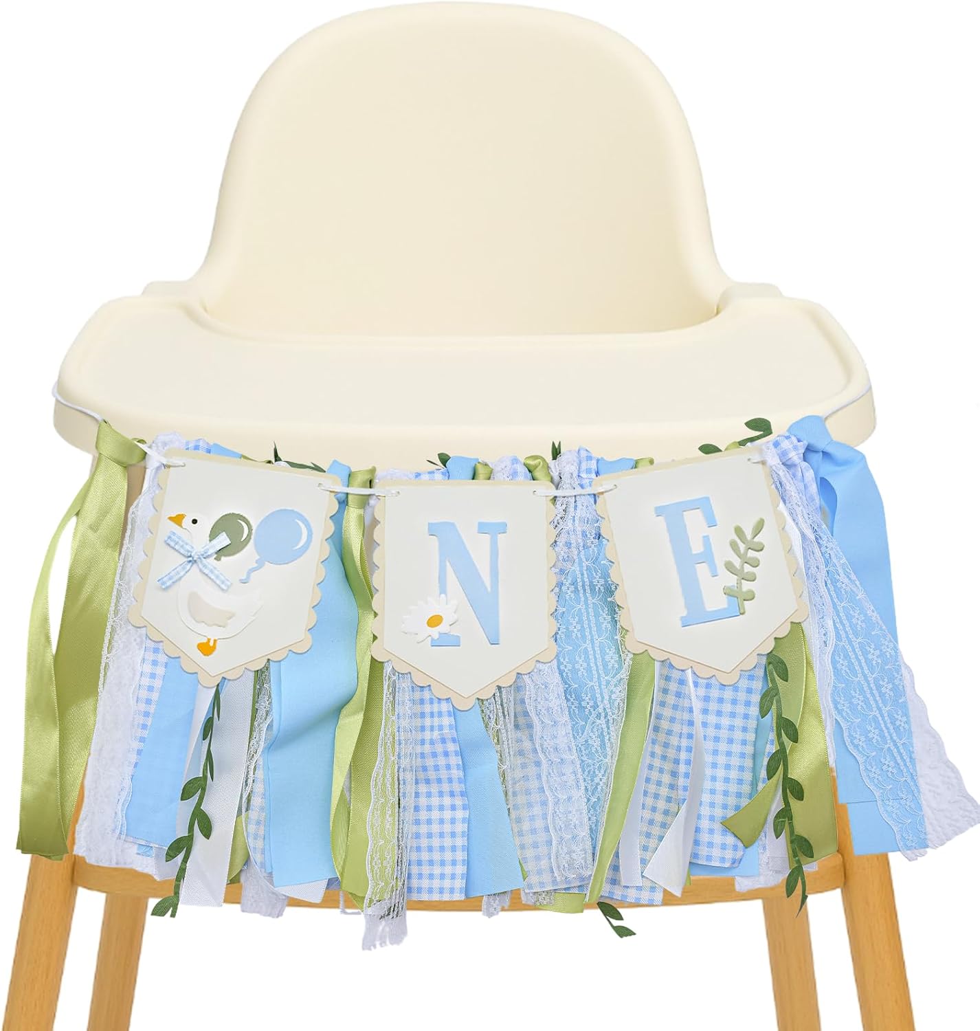 1st One Silly Goose High Chair Banner - Rustic Blue Ribbon Tassel Garland, NO DIY Required, Birthday Decoration