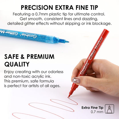 Grabie Glitter Markers, 24 Pack Extra Fine Tip Acrylic Paint Markers, Quick-Drying Water-Based Metallic Glitter Pens for Paper,Card Making, Canvas, Fabric, DIY Craft Supplies for Adult & Kids