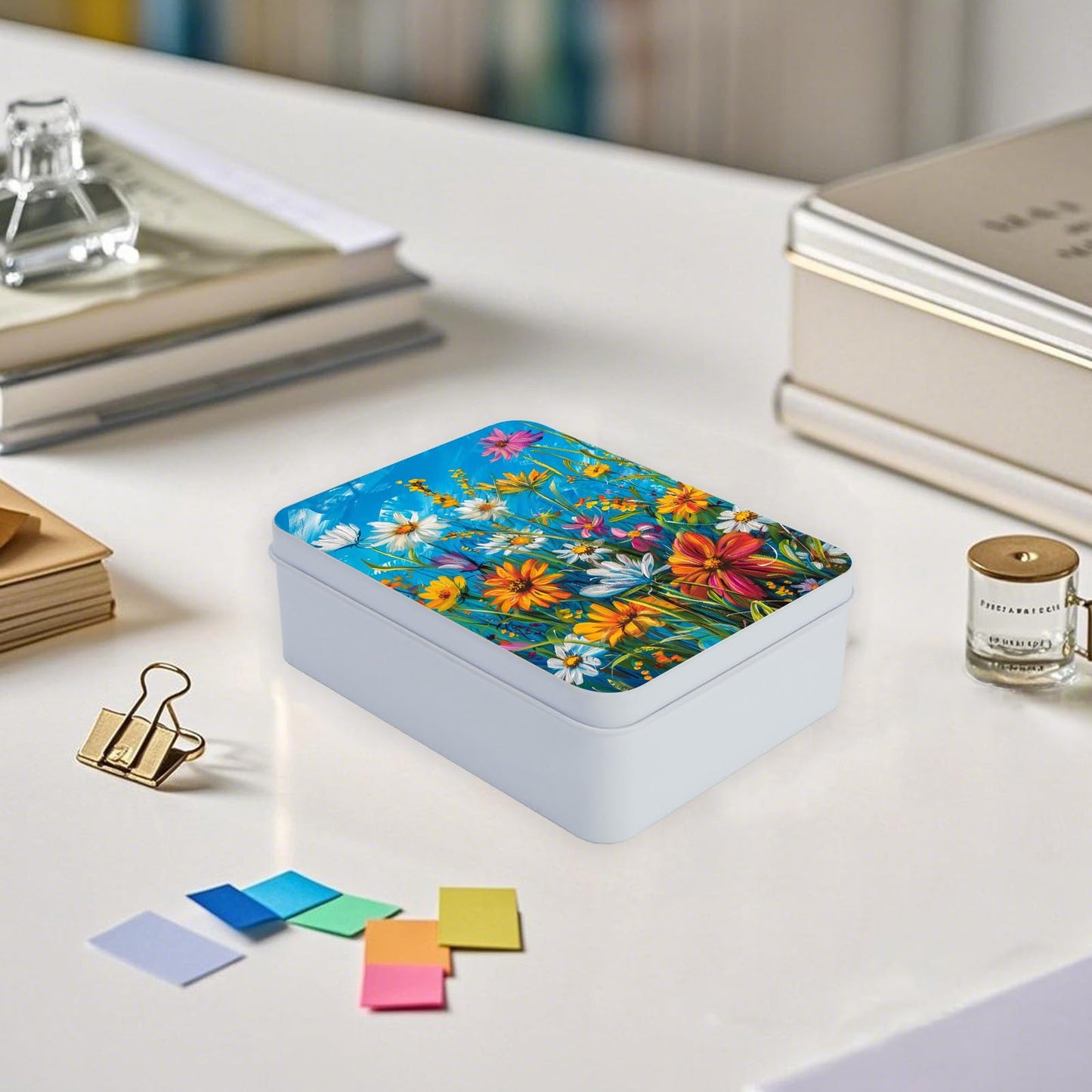 FQSXFIFN Large Metal Tin Box with Lid, Rectangular Storage Containers with Notepad, Cute Cheetah Decorative Storage Box for Game Cards Jewelry Earring Trinket Keys, Office Desk Supplies Gift Set