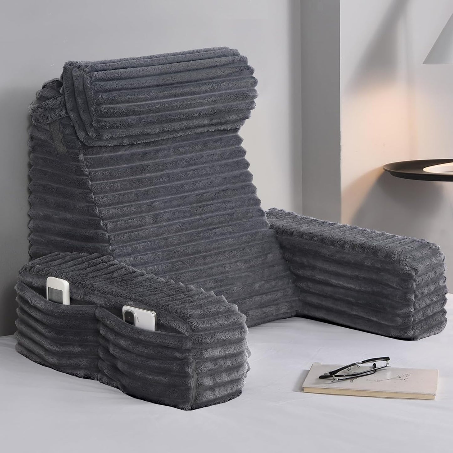 19 ENITYA Back Pillow for Bed Sitting up, Built-in Armrests & Big Pockets, Back Support Chair Pillow for Sitting