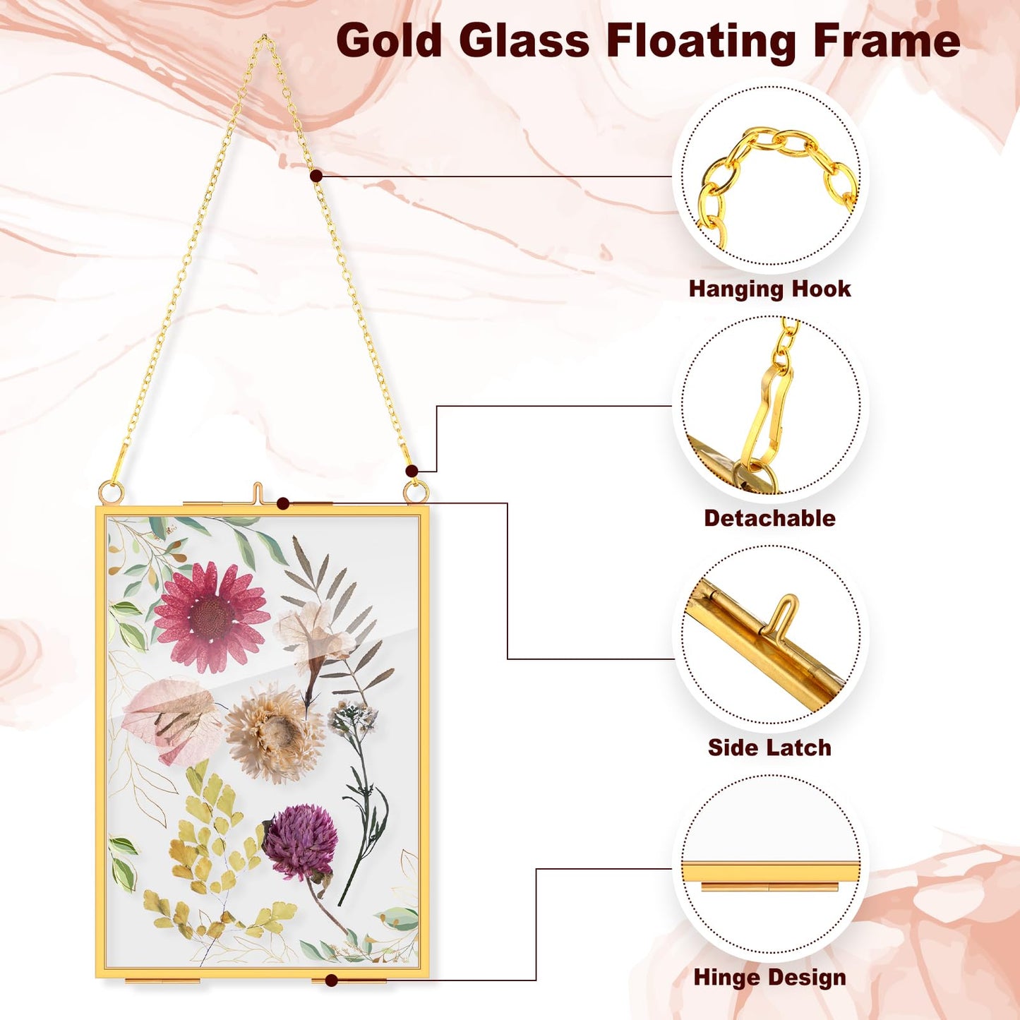 Barydat 12 Pack Pressed Flowers Glass Frames, 5 x 7 Inch Brass Hanging Floating Frame with Chain, Double Glass Photo Display for Dried Flowers, Plant Specimen, Artwork Display (Gold)