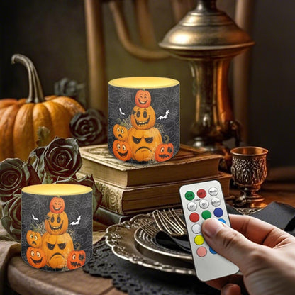Merkmak 4 Pack Flameless Candles with Remote Halloween Pumpkin Bat Battery Operated Pillar Candles with Timer LED Elictric Tealights for Trick or Treat Party Banquet Home Decorations