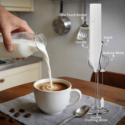 Milk Frother Handheld Rechargeable, Hand Frother with Stand, Drink Mixer Frother Wand Electric Whisk Stirrer for Coffee, Latte, Matcha, Cappuccino, Hot Chocolate, Kitchen Gifts - White