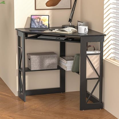 VECELO Corner Desk Computer Desk Writing Table with Smooth Keyboard Tray & Storage Shelves,Compact Home Office Triangle Table,Black