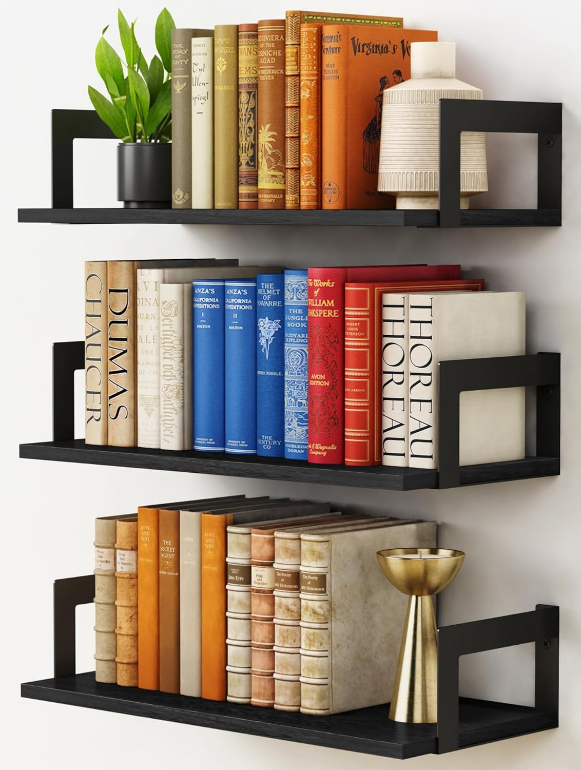 17 Inches (Set 3) Harwaya Wall Mounted Bookshelf, Floating Bookshelves for Bedroom, Long Wall Mount Book Shelves