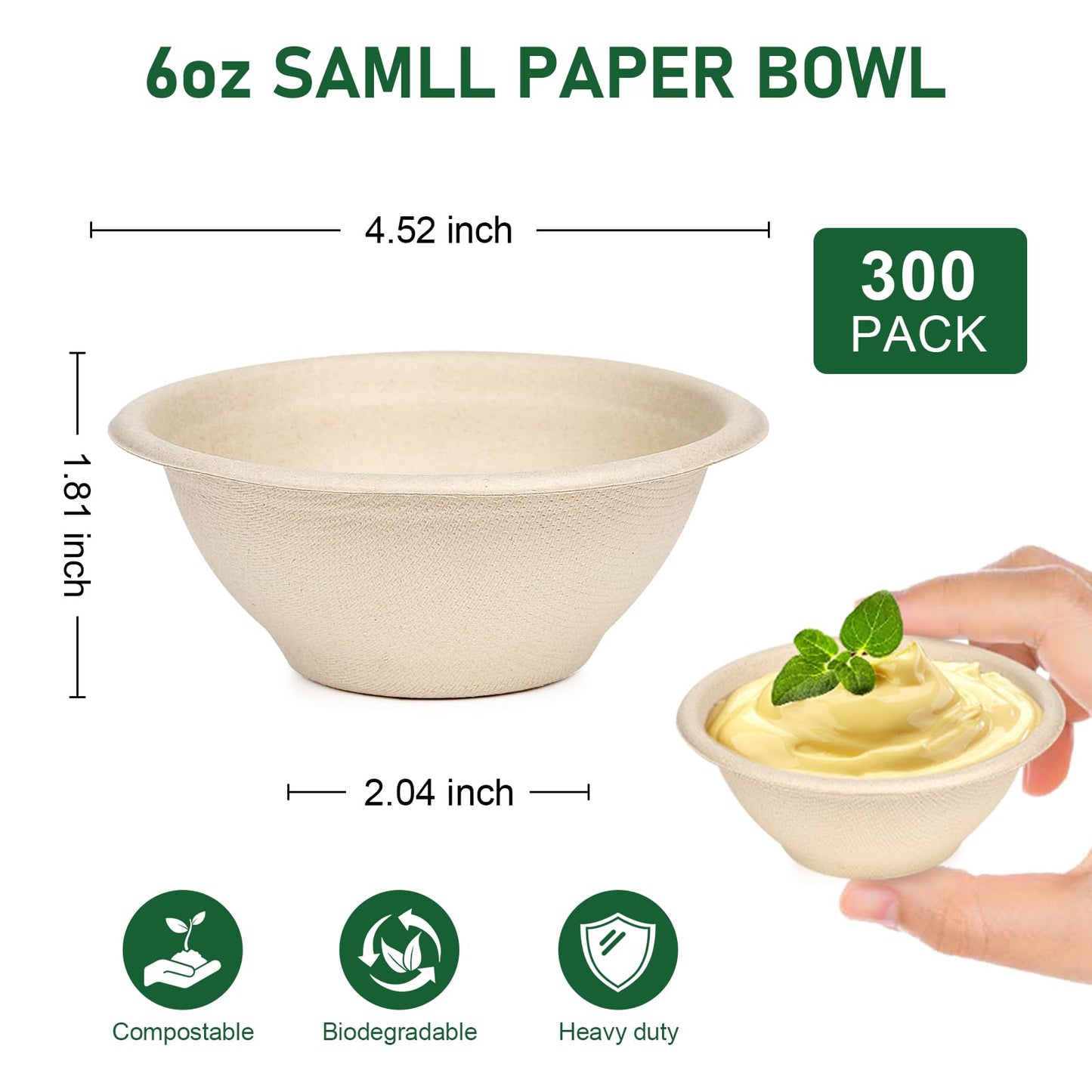 Bionutrio 6 oz Small Disposable Bowls, 300 Pack Bulk Paper Bowls for Chili, Sauce, Cereal, Compostable Eco-Friendly Bagasse Bowl, Microwavable, Leak-Proof, Sturdy