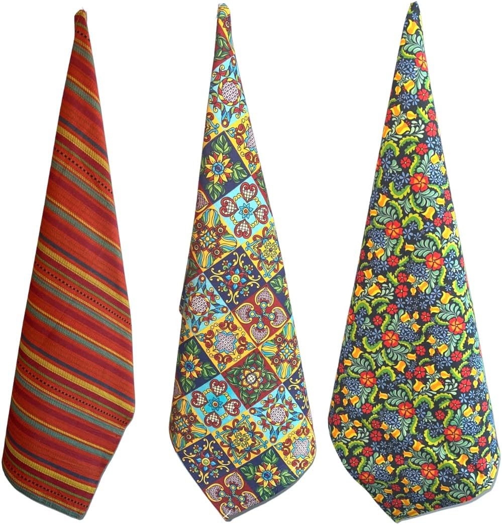 Kitchen Dish Towels, 100% Natural Cotton Mexican Fiesta Talavera Floral Prints, Set of 3 Multi-Color Dishcloths