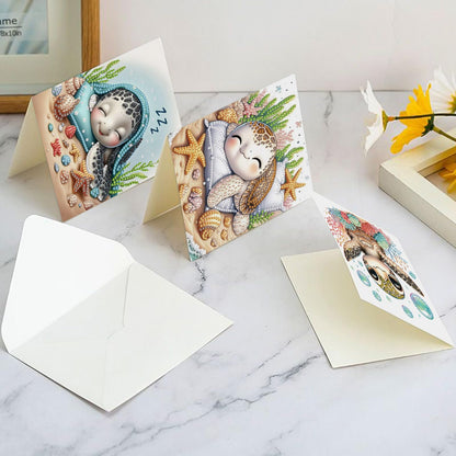 antor 6 pcs Diamond Art Painting Greeting Card Kits, Animal Cute Turtle Design Irregular Shapes Diamond Art Fine Glitter Greeting Cards with Envelopes, Clay Glue, Pen, and Bead Bag for Creative Gifts