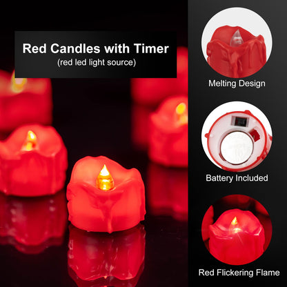Windshell Red Flickering Flame Tealight Candles with 6H Timer (No Remote), Battery Operated Flameless Tea Lights with Melting Design, for Valentine's Day Christmas Wedding Party, 12 Pack