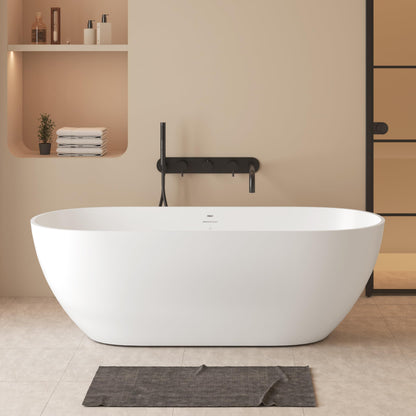 FerdY Fiji 69" Stone Resin Freestanding Bathtub, Classic Oval Shape Soaking Bathtub, Solid Surface Soaking Tub, cUPC Certified, Integrated Slotted Overflow and Matte White Pop-up Drain