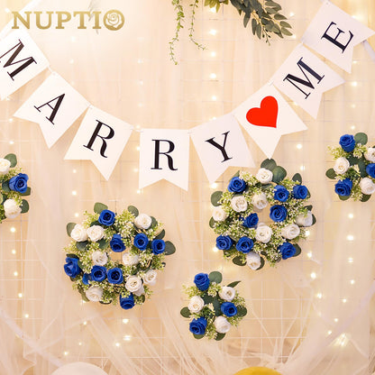 NUPTIO Flower Candle Rings for Centerpieces: 13.4 Inch Rose Wreath for Wedding Party Christmas - Royal Blue & White Wreaths for Spring Summer Front Door Porch Table Decor 2 Pcs