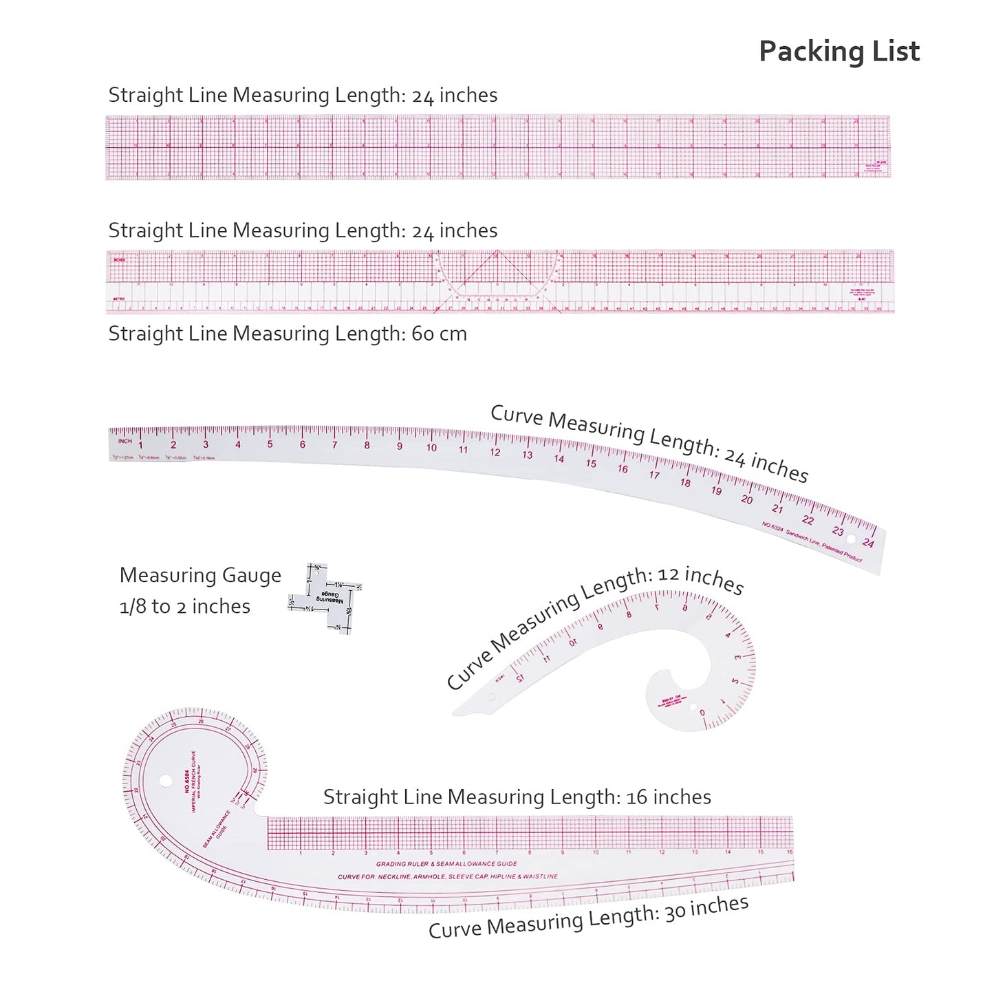 HLZC Imperial Sewing Ruler & French Curves for Pattern Making Drafting, Clear Plastic Fashion Designer Ruler Kit in Inches (6-Piece Set)
