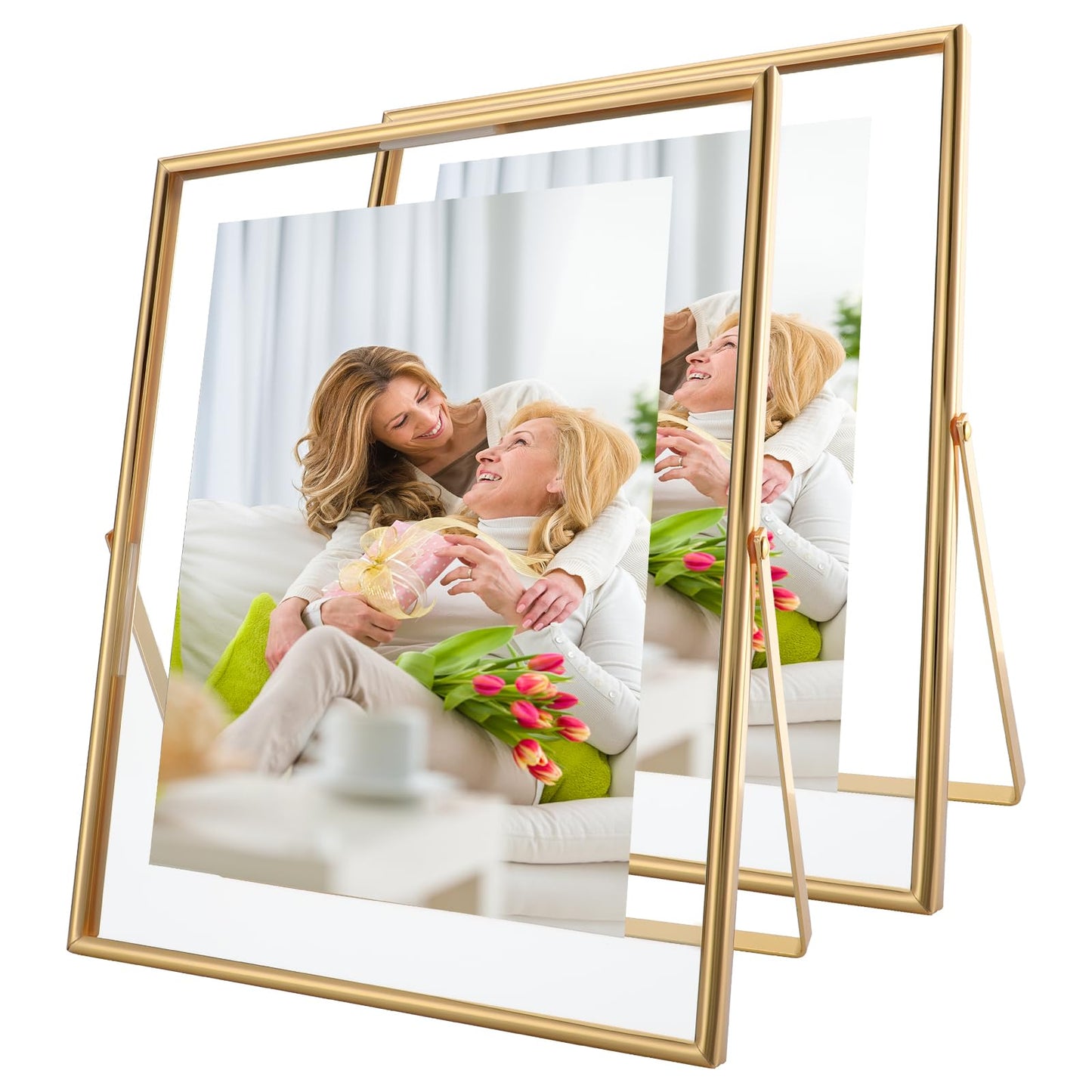 AhaGo Gold Floating Frame, 8"×10", Set of 2, Portrait, For Picture 7x9, 6x8, 5x7, Tabletop Shelf Photo Frames, Classy for Father Day, Wedding or Birthday