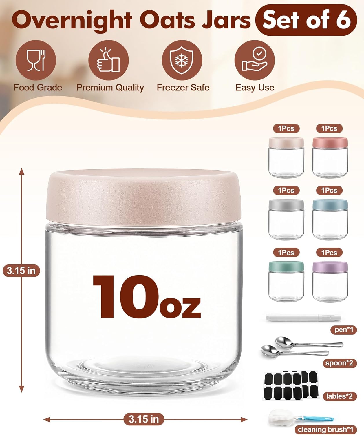 6 pack 10 oz Overnight Oats Containers with Lids and Spoons Glass Jars with Airtight Lids: Wide Mouth Mason Salad Jars