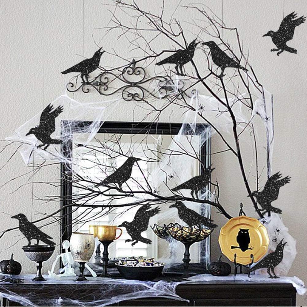 Cheerland Glitter Black Crow Garland Halloween Decorations for Gothic Gatherings Emo Party Tree Hanging Decoration Bird Raven Banner Decal Backdrop Centerpiece for Theme Birthday Party Supplies