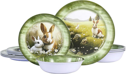 Skiennix 12-Piece Melamine Dinnerware Set - Lightweight Shatterproof Plates & Bowls for 4 | Green Bunny Design, Ideal for Picnics & Outdoor Parties