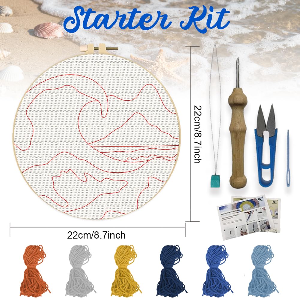 ORIGACH 2 Set Embroidery Punch Needle Kit for Adults Beginners DIY Kanagawa Wave Punch Stitching Kit for Art Crafts & Home Decor Easy Needle Punching Project with 7.9inch Hoop, Patterns, Yarns, Tools