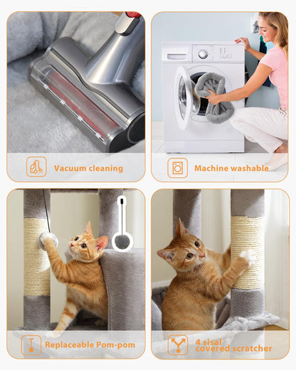 PETEPELA 45.7" Cat Tree for Indoor Cats, 5-Level Cat Tower for Large Cats with Metal Frame Large Hammock (17.3"x15.3"), Cat Condo with (18.5"x13") Big Top Perch & 4 Sisal Covered Scratching Post Grey