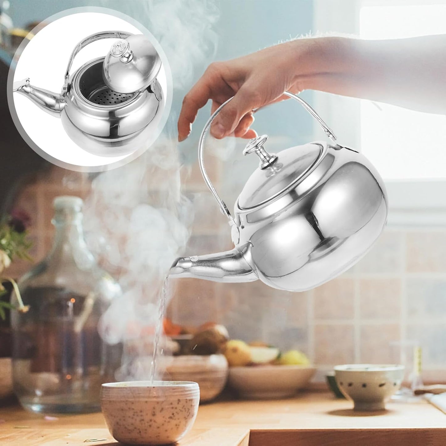 Kichvoe Stainless Steel Teapot, Whistling Tea Kettle for Stovetop Fast Boiling Water with Movable Infuser