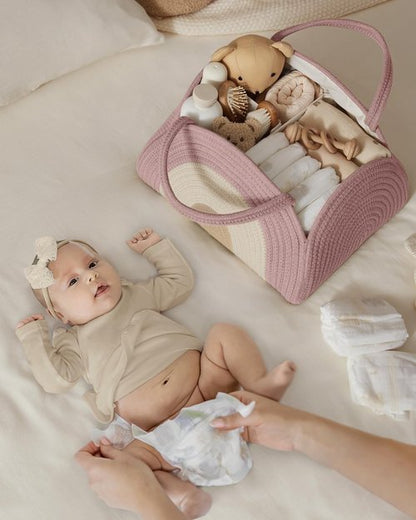 Blissful Diary Baby Diaper Caddy Organizer, Cotton Rope Diaper Caddy Basket, Large Storage Basket for Newborn Boys and Girls, Gift for Baby Shower List, Newborn Essentials, Blush Rainbow