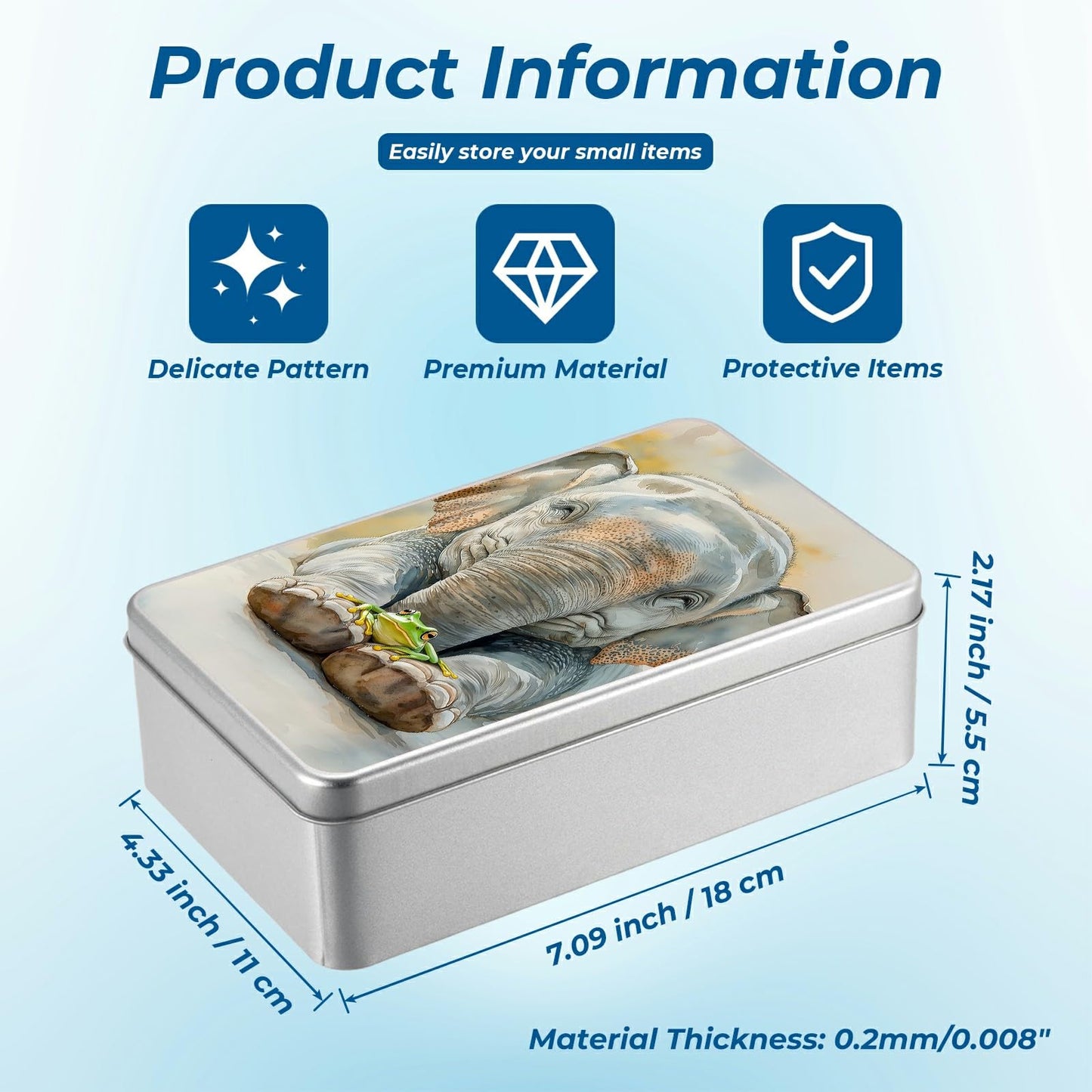 JNFBWULO Metal Tin Box with Lid, Rectangular Silver Metal Storage Container, 7.09"×4.33"×2.17" Gift Decorative Empty Box, Elephant Frog