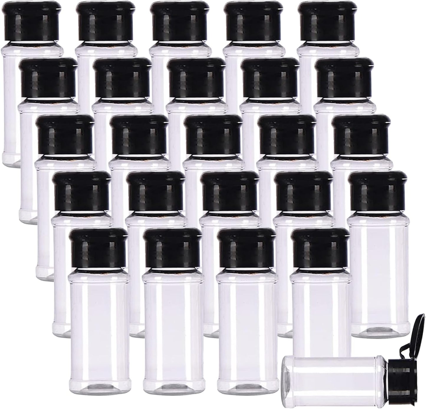 FEOOWV 25Pcs Empty Plastic Spice Bottles Set for Storing Barbecue Seasoning, Salt, Pepper, 75 ml/2.5 oz (Black)