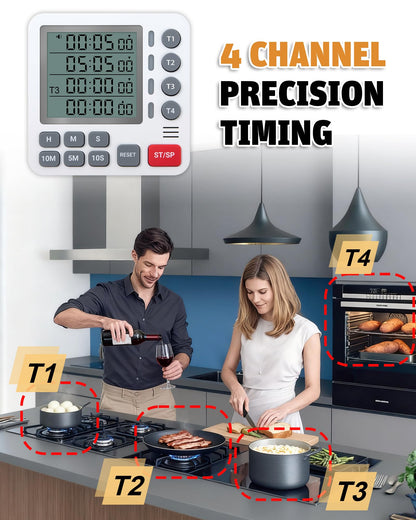 TPNEG Digital Kitchen Timer - 4-Channel Cooking Timer with Alarm, Magnetic Back, Loud & Silent Modes, Count Up/Down, Ideal for ovens, Seniors, Kids and classrooms, Replaceable AAA Battery
