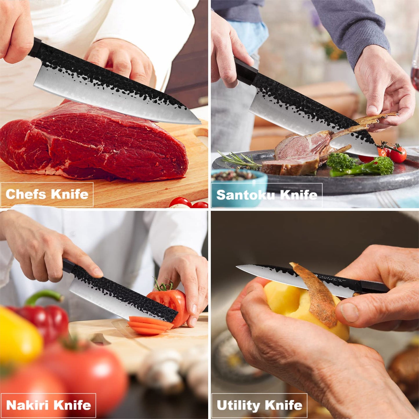FINDKING Kitchen Knife Set with Individual Wooden Blocks, 4 Japanese Knives with Walnut Edge Guards, High Carbon Steel Blades, for Meat, Fruits, Vegetables, Dynasty Series