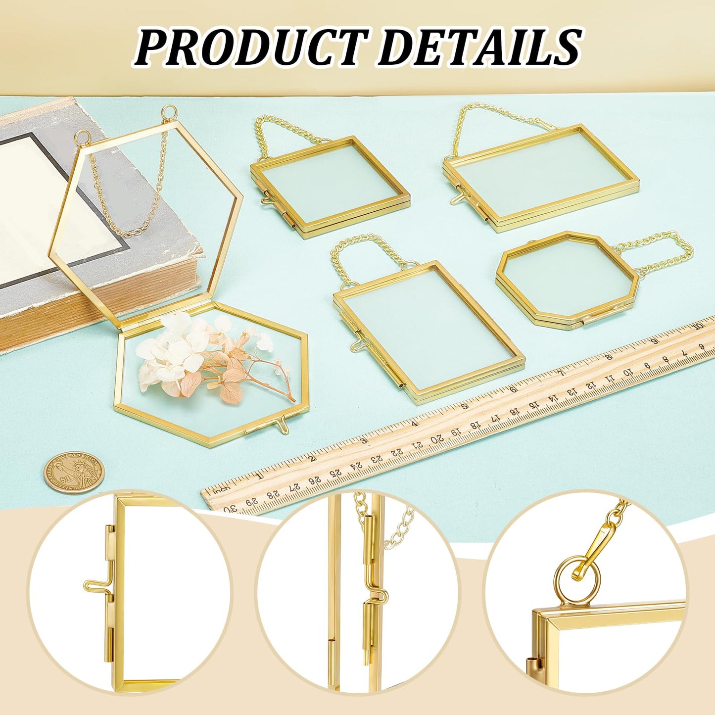 5 Pcs Mini Gold Double Glass Frame for Pressed Flower Frames, 2x3.2 In Wall Hanging Picture Frames with Metal Chain, Horizontal Vertical Floating Glass Picture Frame for Plants Artwork Display