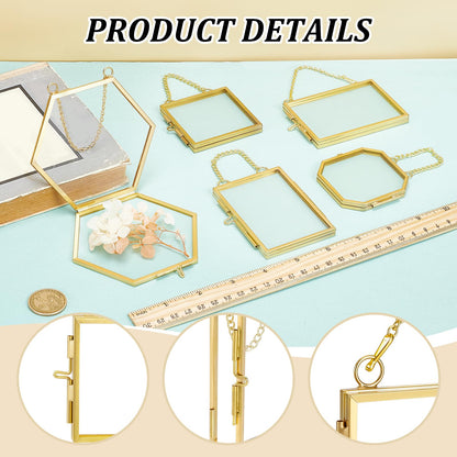 5 Pcs Mini Gold Double Glass Frame for Pressed Flower Frames, 2x3.2 In Wall Hanging Picture Frames with Metal Chain, Horizontal Vertical Floating Glass Picture Frame for Plants Artwork Display