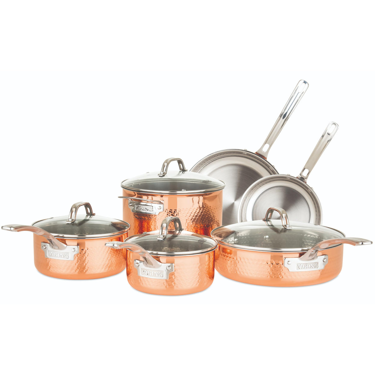 Viking 3-Ply Pots and Pans Set, 10 Piece Copper Kitchen Cookware with Glass Lids, Hammered Copper