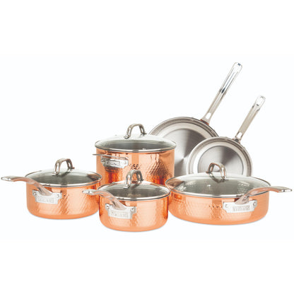 Viking 3-Ply Pots and Pans Set, 10 Piece Copper Kitchen Cookware with Glass Lids, Hammered Copper