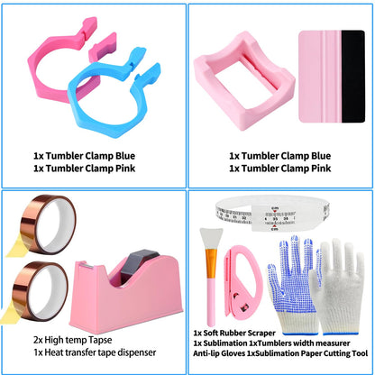 Majreey Sublimation Blanks Tumbler Clamp Tool, for 20 Oz Sublimation Blanks, Heat Resistant Gloves, Heat Tape Sublimation, Heat Tape Dispenser Sublimation Kit, Tumbler Clamp Clamp (Blue,Pink)