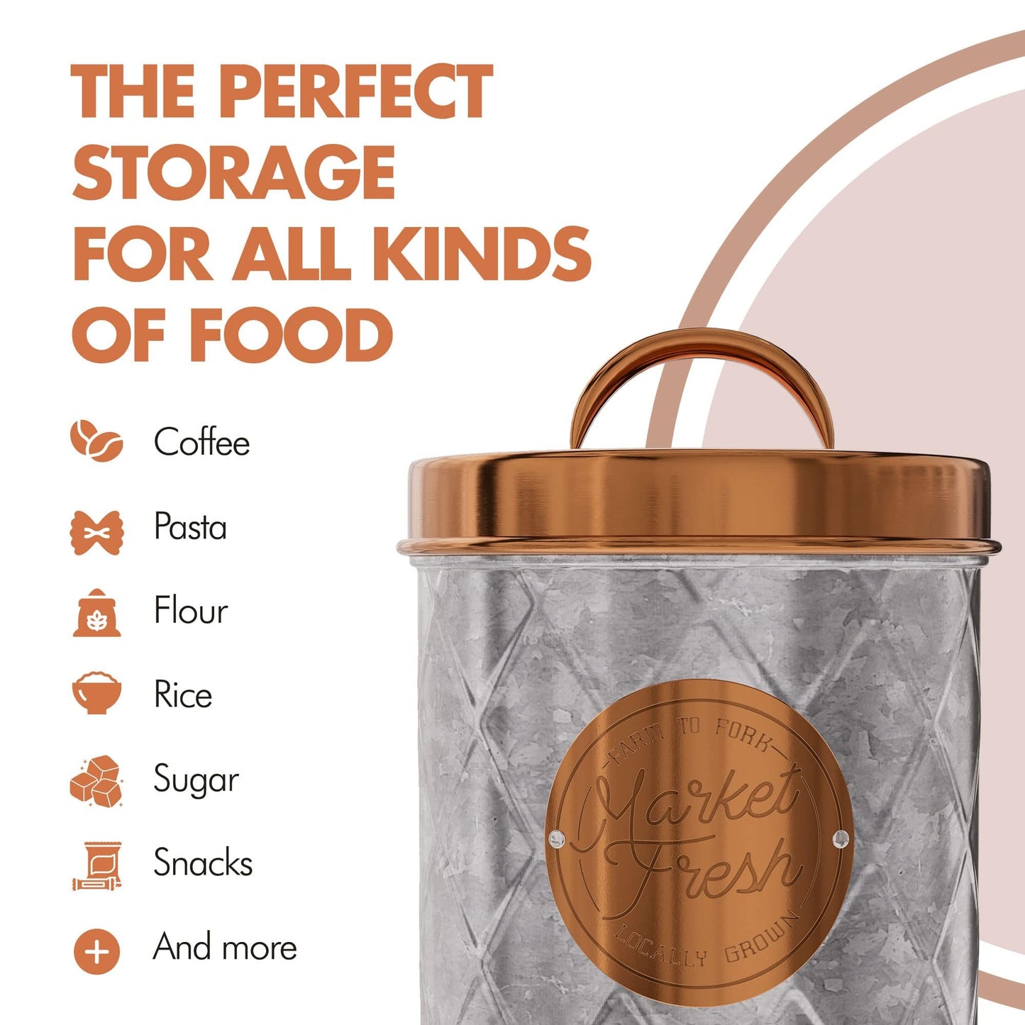 Amici Home Bristol Metal Canister | Food Storage Container with Lid | Canisters for Kitchen Counter | Galvanized Metal/Copper Lid | Farmhouse Décor | 52 Oz