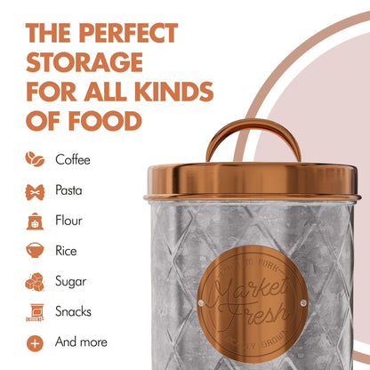 Amici Home Bristol Metal Canister | Food Storage Container with Lid | Canisters for Kitchen Counter | Galvanized Metal/Copper Lid | Farmhouse Décor | 52 Oz