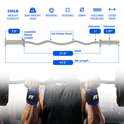 RitFit 2 Inch EZ Curl Bar with Weights, 350LBS Capacity Olympic Barbell for Bicep & Triceps, Home Gym Strength Training,with 85LBweights and Wristband